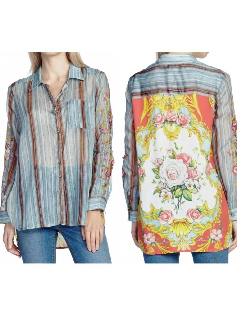 NWT Aratta independence Striped Shirt with Floral Embroidered Sleeves size S